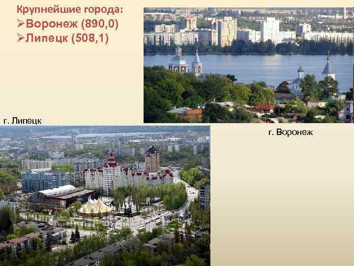 Крупнейшие города: ØВоронеж (890, 0) ØЛипецк (508, 1) г. Липецк г. Воронеж 
