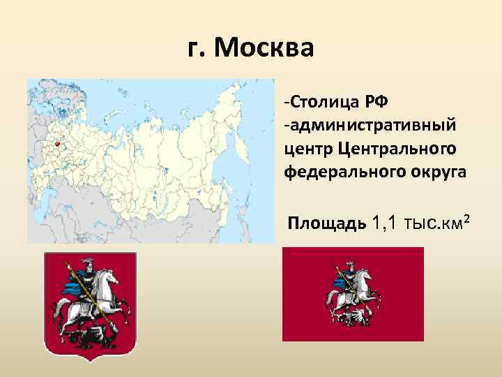 г. Москва Столица РФ административный центр Центрального федерального округа Площадь 1, 1 тыс. км²