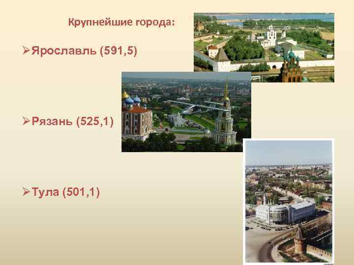 Крупнейшие города: ØЯрославль (591, 5) ØРязань (525, 1) ØТула (501, 1) 