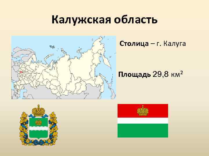 Калужская область Столица – г. Калуга Площадь 29, 8 км² 