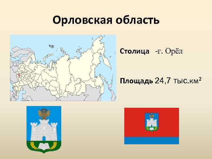 Орловская область Столица г. Орёл Площадь 24, 7 тыс. км² 