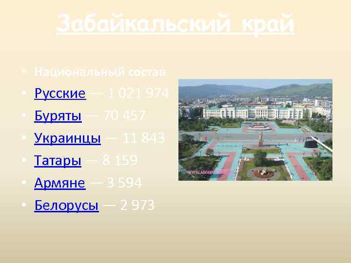 Забайкальский край • Национальный состав • • • Русские — 1 021 974 Буряты