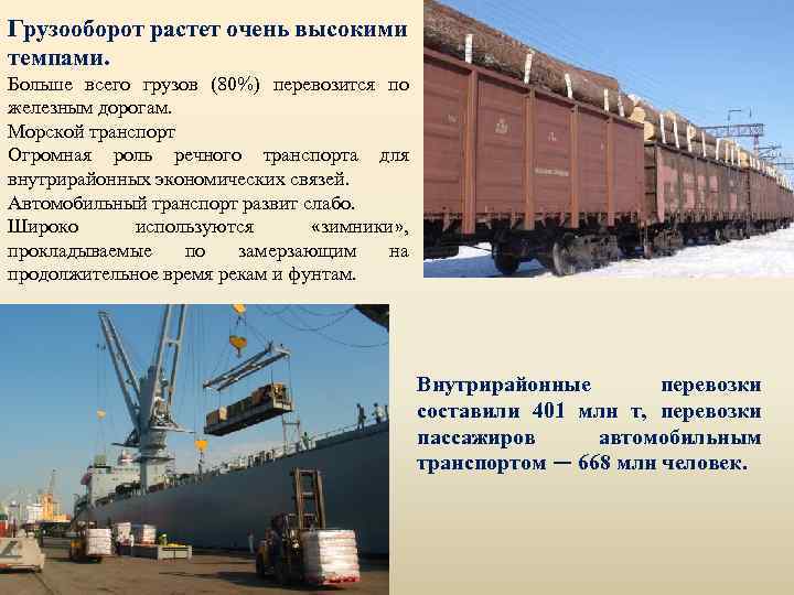 Грузооборот растет очень высокими темпами. Больше всего грузов (80%) перевозится по железным дорогам. Морской
