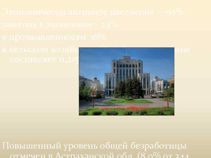 Экономически активное население — 59%. занятых в экономике - 24% в промышленности 16% в