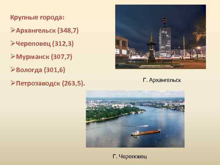 Крупные города: ØАрхангельск (348, 7) ØЧереповец (312, 3) ØМурманск (307, 7) ØВологда (301, 6)