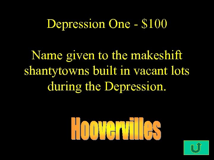 Depression One - $100 Name given to the makeshift shantytowns built in vacant lots