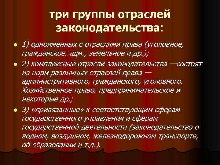 три группы отраслей законодательства: l l l 1) одноименных с отраслями права (уголовное, гражданское,