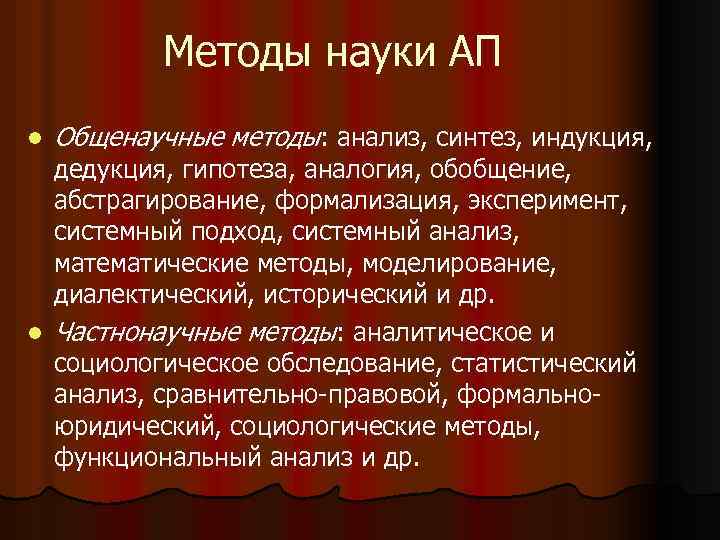 Методы науки АП l Общенаучные методы: анализ, синтез, индукция, дедукция, гипотеза, аналогия, обобщение, абстрагирование,