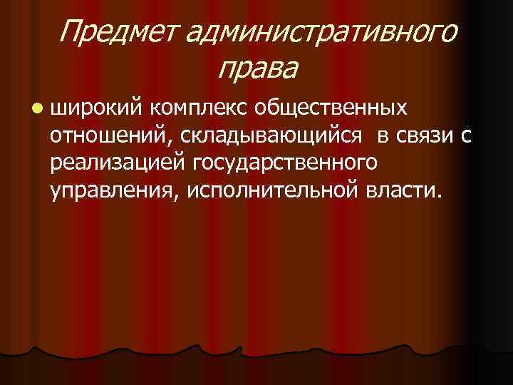 Предмет административного права l широкий комплекс общественных отношений, складывающийся в связи с реализацией государственного