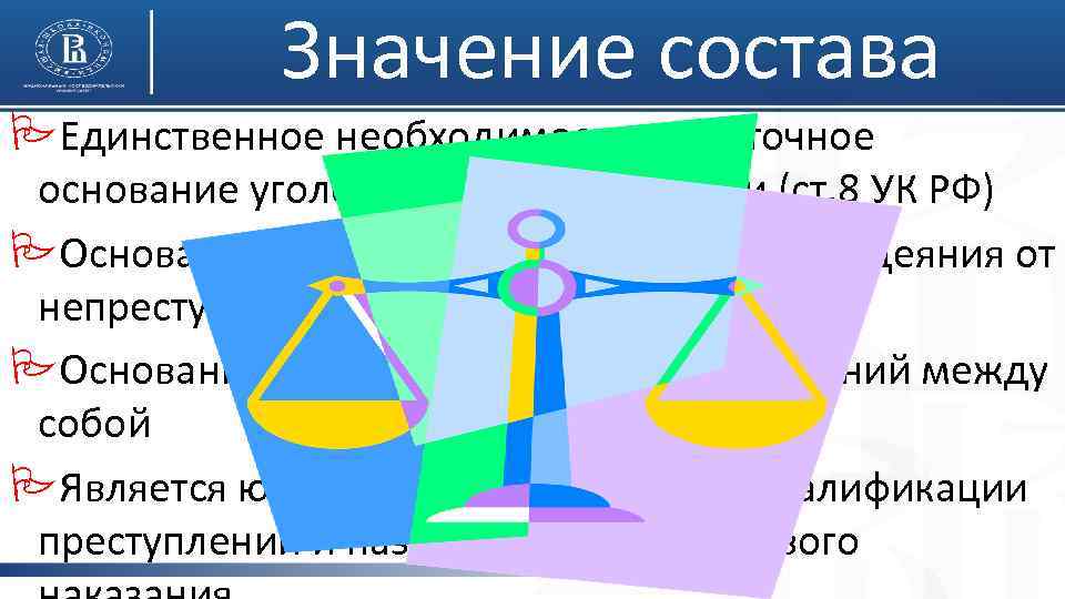 Значение состава PЕдинственное необходимое и достаточное основание уголовной ответственности (ст. 8 УК РФ) PОснование