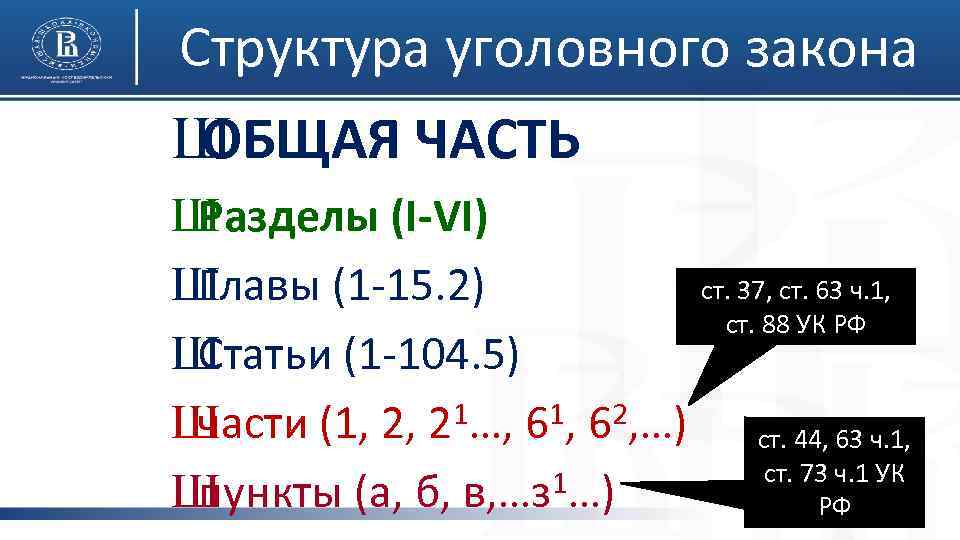 Структура уголовного закона Ш ОБЩАЯ ЧАСТЬ Ш Разделы (I-VI) ст. 37, ст. 63 ч.