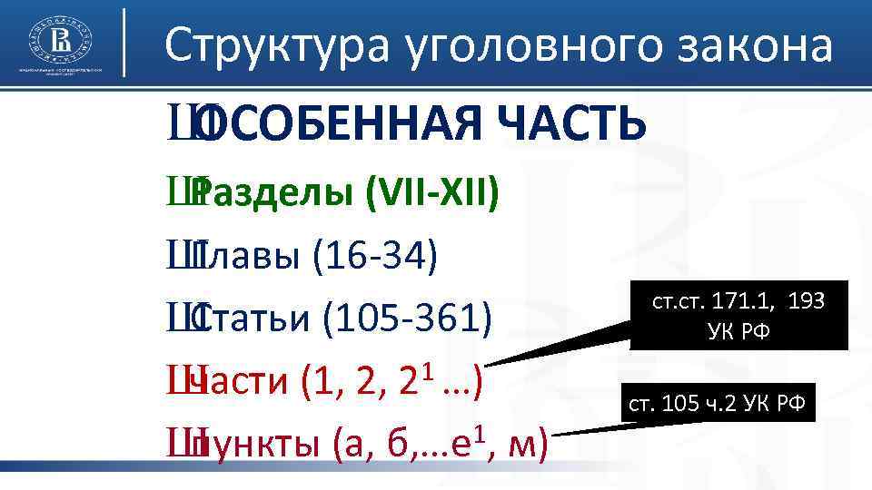 Структура уголовного закона Ш ОСОБЕННАЯ ЧАСТЬ Ш Разделы (VII-XII) Ш Главы (16 -34) Ш