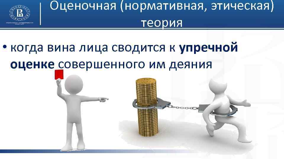 Оценочная (нормативная, этическая) теория • когда вина лица сводится к упречной оценке совершенного им