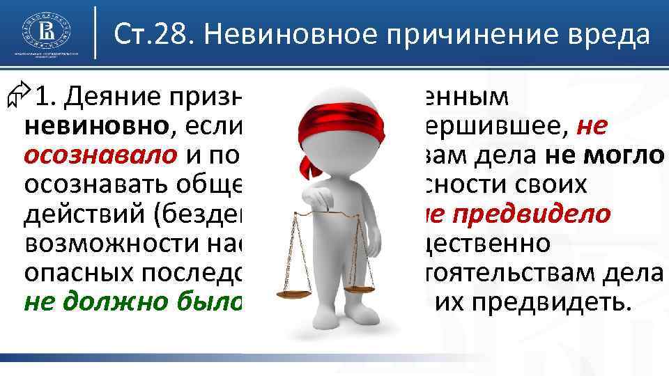 Ст. 28. Невиновное причинение вреда Æ1. Деяние признается совершенным невиновно, если лицо, его совершившее,