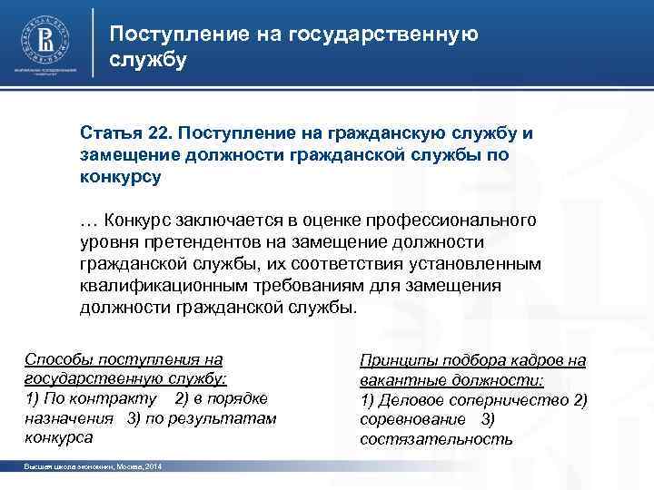 Поступление на государственную службу Статья 22. Поступление на гражданскую службу и замещение должности гражданской