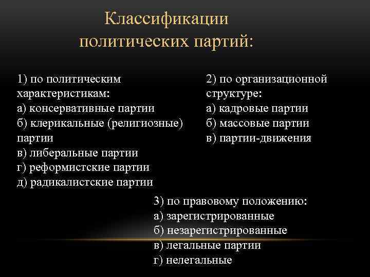 Классификации политических партий: 1) по политическим характеристикам: а) консервативные партии б) клерикальные (религиозные) партии