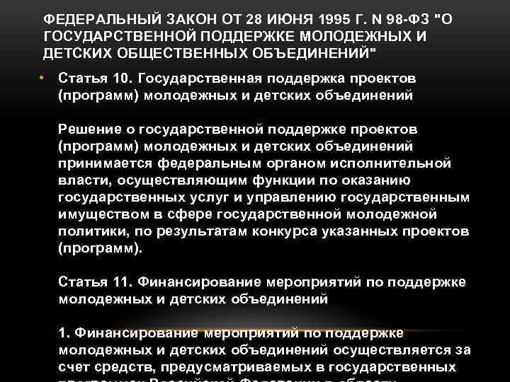 ФЕДЕРАЛЬНЫЙ ЗАКОН ОТ 28 ИЮНЯ 1995 Г. N 98 -ФЗ "О ГОСУДАРСТВЕННОЙ ПОДДЕРЖКЕ МОЛОДЕЖНЫХ