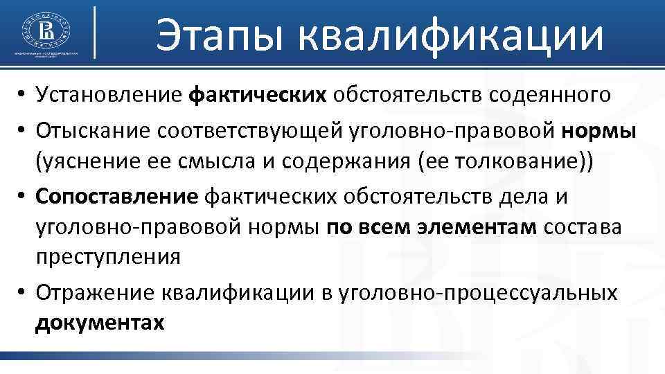 Этапы квалификации • Установление фактических обстоятельств содеянного • Отыскание соответствующей уголовно-правовой нормы (уяснение ее