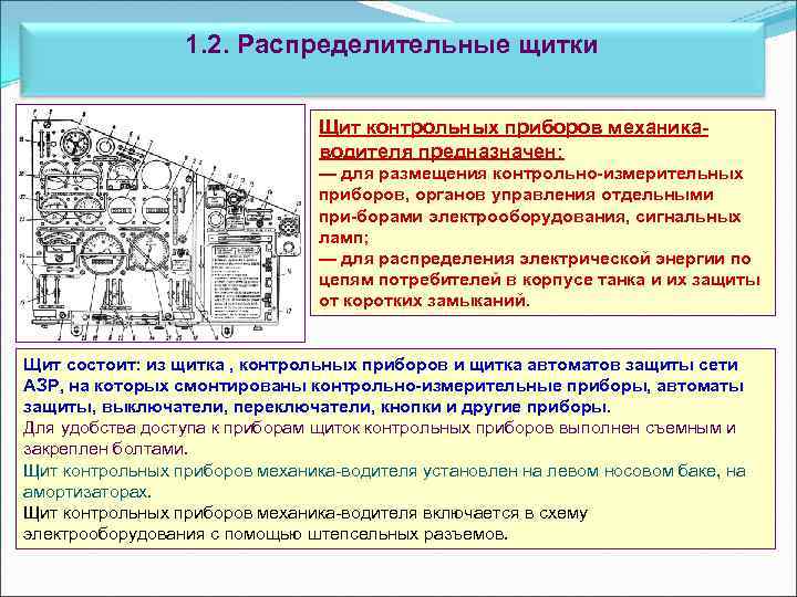 1. 2. Распределительные щитки Щит контрольных приборов механика водителя предназначен: — для размещения контрольно