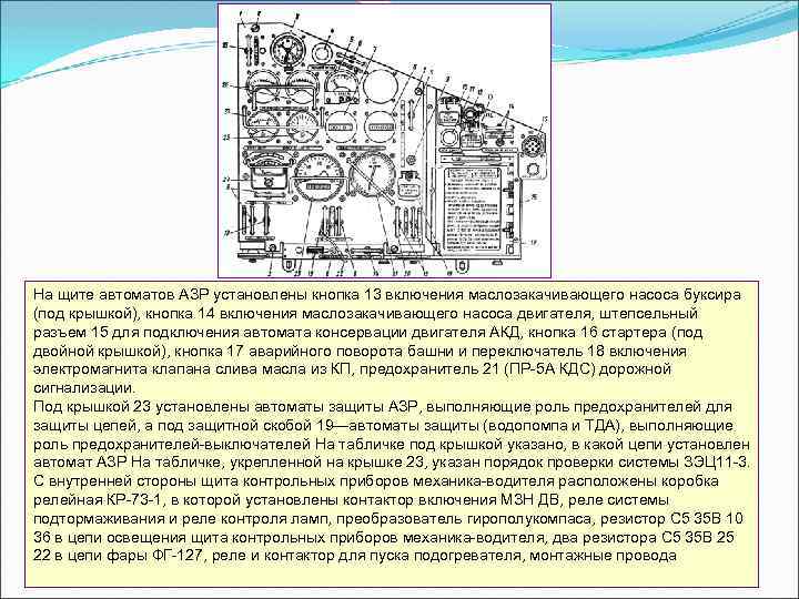 На щите автоматов АЗР установлены кнопка 13 включения маслозакачивающего насоса буксира (под крышкой), кнопка