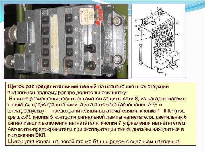 Щиток распределительный левый по назначению и конструкции аналогичен правому распре делительному щитку. В щитке