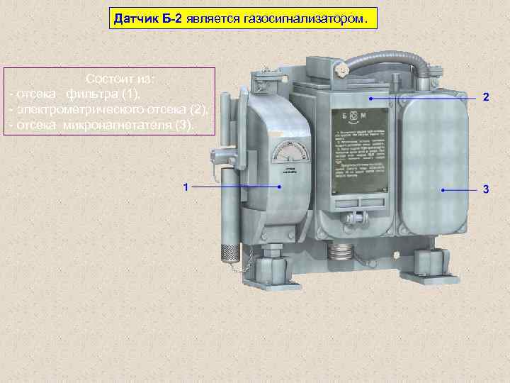 Датчик Б 2 является газосигнализатором. Состоит из: отсека фильтра (1), электрометрического отсека (2), отсека