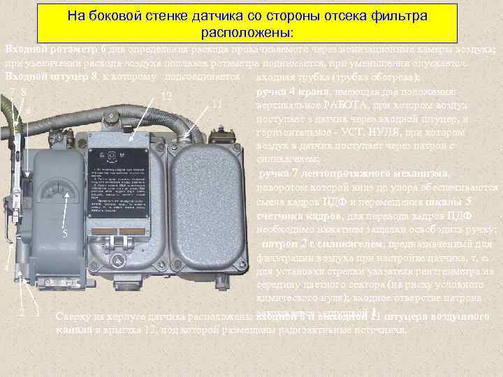 На боковой стенке датчика со стороны отсека фильтра расположены: Входной ротаметр 6 для определения