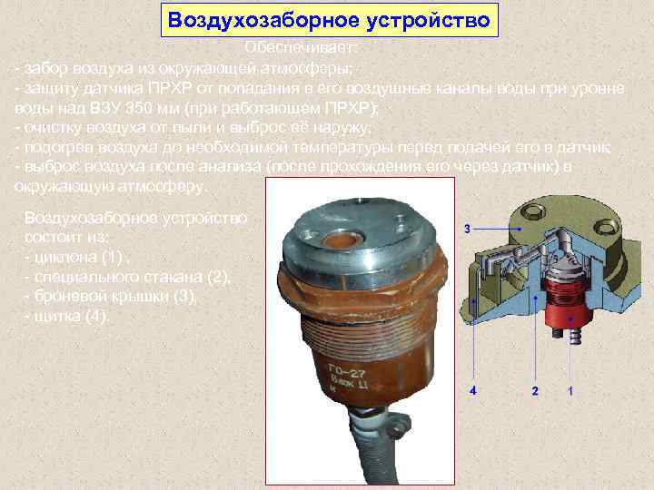 Воздухозаборное устройство Обеспечивает: забор воздуха из окружающей атмосферы; защиту датчика ПРХР от попадания в