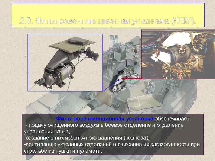 2. 3. Фильтровентиляционная установка (ФВУ). Фильтровентиляционная установка обеспечивает: подачу очищенного воздуха в боевое отделение