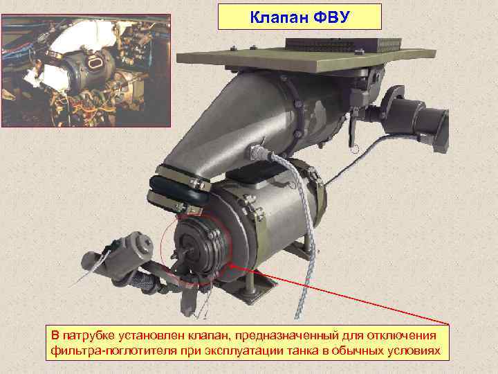 Клапан ФВУ В патрубке установлен клапан, предназначенный для отключения фильтра поглотителя при эксплуатации танка