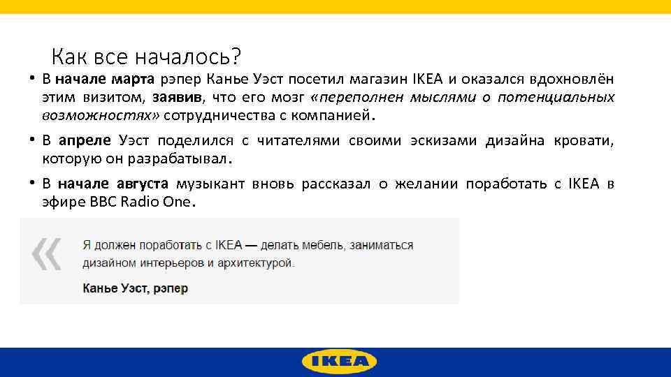 Как все началось? • В начале марта рэпер Канье Уэст посетил магазин IKEA и