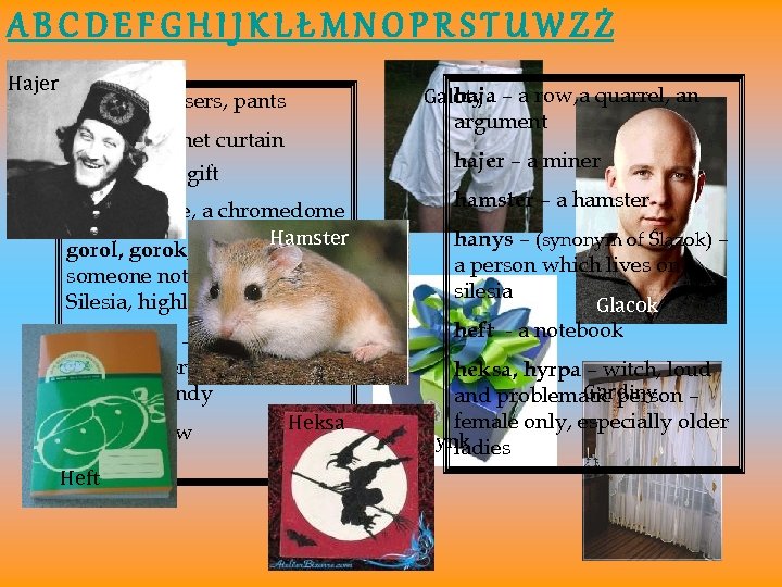 ABCDEFGHIJKLŁMNOPRSTUWZŻ Hajer galoty –trousers, pants gardina – a net curtain geszynk – a gift