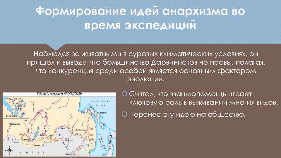 Формирование идей анархизма во время экспедиций Наблюдая за животными в суровых климатических условиях, он