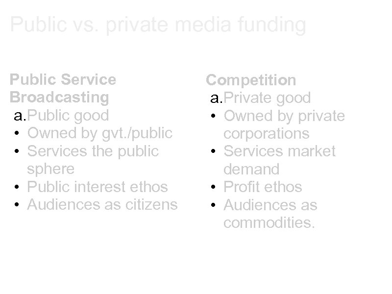 Public vs. private media funding Public Service Broadcasting a. Public good • Owned by