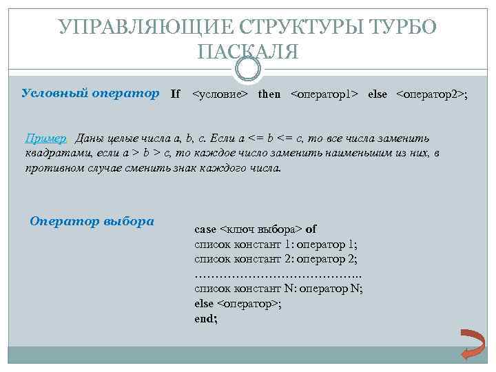УПРАВЛЯЮЩИЕ СТРУКТУРЫ ТУРБО ПАСКАЛЯ Условный оператор If <условие> then <оператор1> else <оператор2>; Пример. Даны