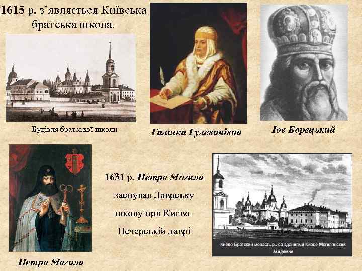 1615 р. з’являється Київська братська школа. Будівля братської школи Галшка Гулевичівна 1631 р. Петро