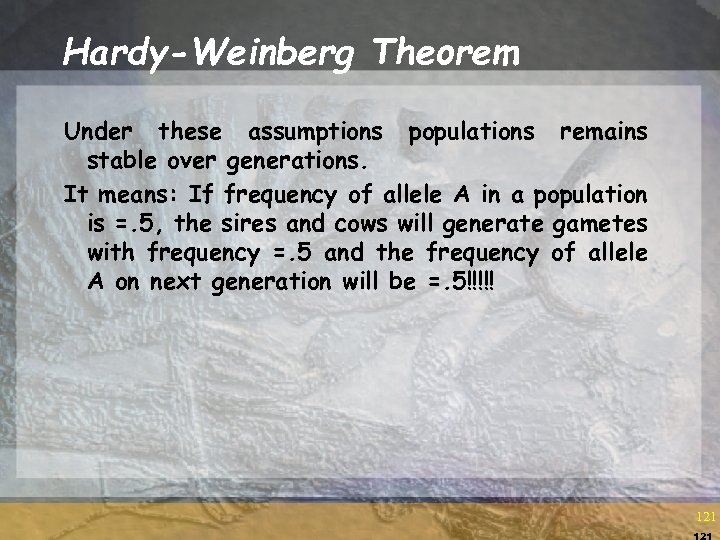 Hardy-Weinberg Theorem Under these assumptions populations remains stable over generations. It means: If frequency