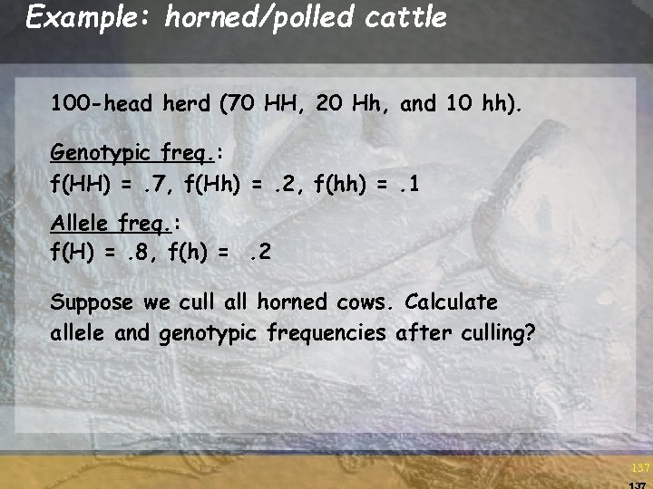 Example: horned/polled cattle 100 -head herd (70 HH, 20 Hh, and 10 hh). Genotypic