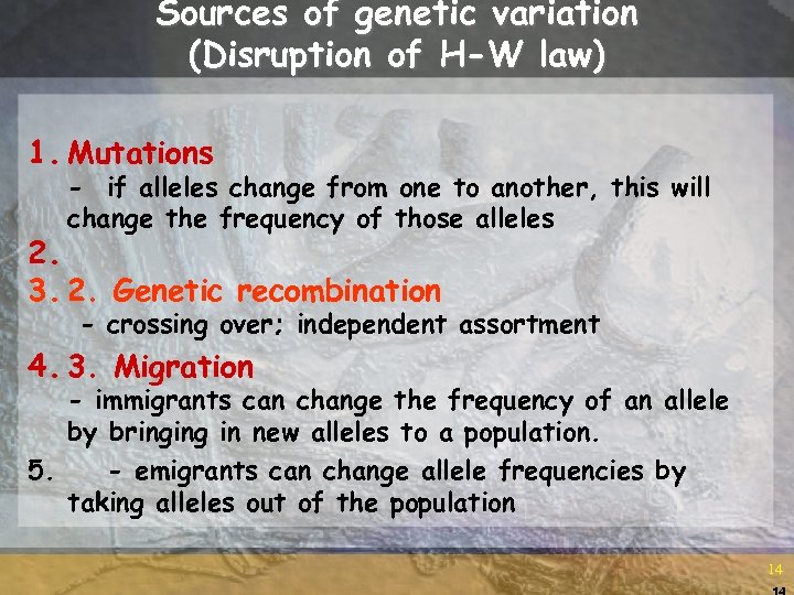 Sources of genetic variation (Disruption of H-W law) 1. Mutations - if alleles change