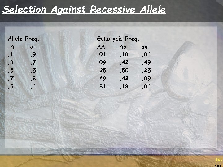 Selection Against Recessive Allele Freq. A a. 1. 9. 3. 7. 5. 5. 7.
