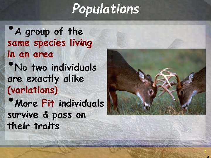 Populations • A group of the same species living in an area No two