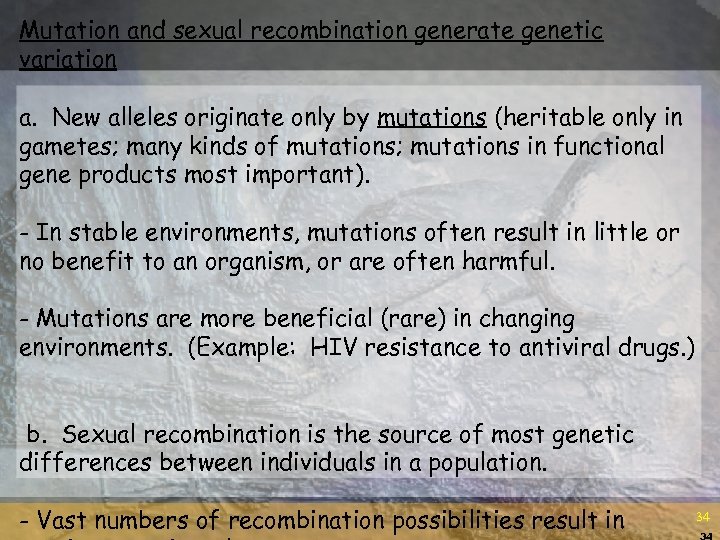 Mutation and sexual recombination generate genetic variation a. New alleles originate only by mutations