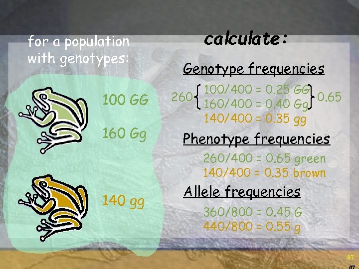 for a population with genotypes: 100 GG 160 Gg calculate: Genotype frequencies 260 100/400