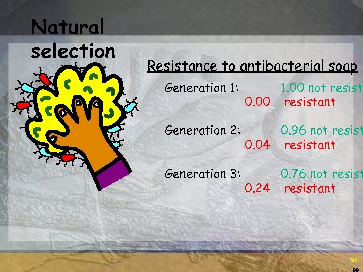 Natural selection Resistance to antibacterial soap Generation 1: 1. 00 not resist 0. 00