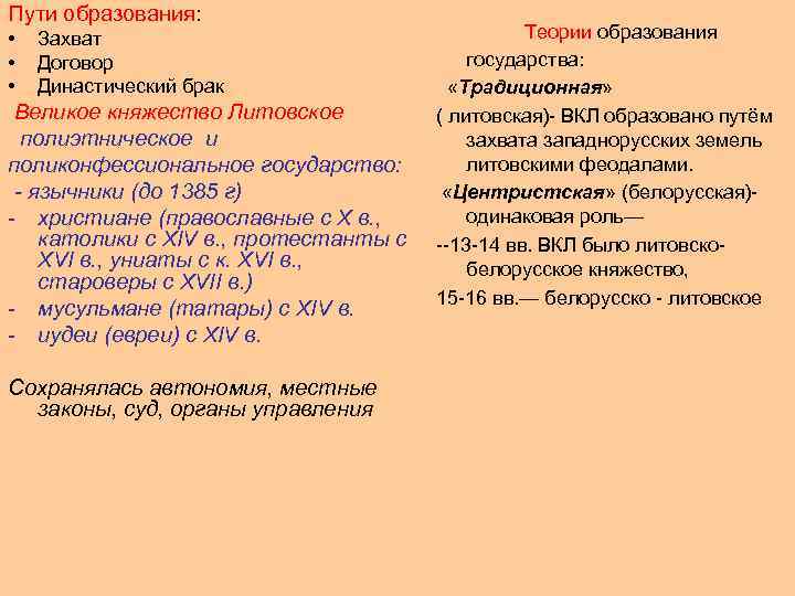 Пути образования: • • • Захват Договор Династический брак Великое княжество Литовское полиэтническое и