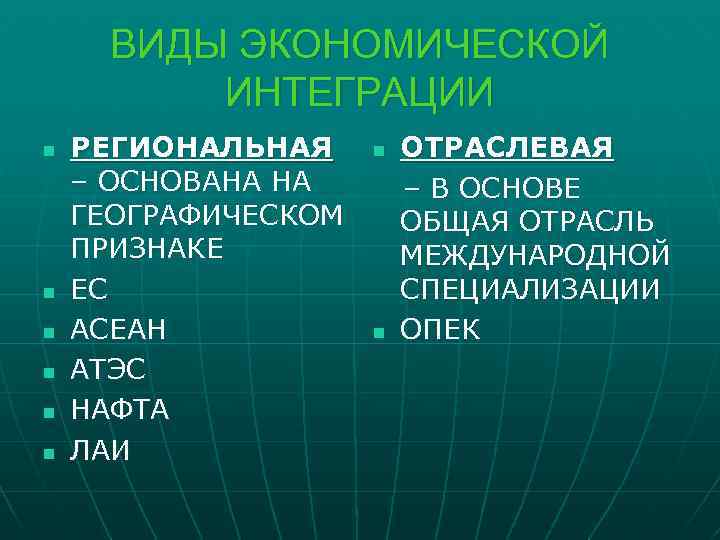 ВИДЫ ЭКОНОМИЧЕСКОЙ ИНТЕГРАЦИИ n n n РЕГИОНАЛЬНАЯ – ОСНОВАНА НА ГЕОГРАФИЧЕСКОМ ПРИЗНАКЕ ЕС АСЕАН