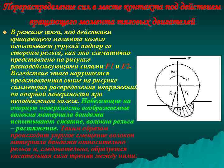 Перераспределение сил в месте контакта под действием вращающего момента тяговых двигателей u В режиме