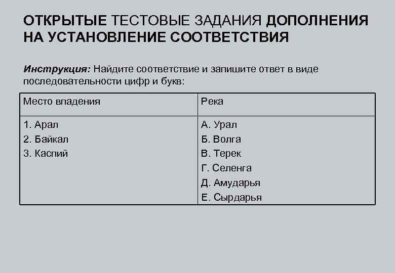 ОТКРЫТЫЕ ТЕСТОВЫЕ ЗАДАНИЯ ДОПОЛНЕНИЯ НА УСТАНОВЛЕНИЕ СООТВЕТСТВИЯ Инструкция: Найдите соответствие и запишите ответ в