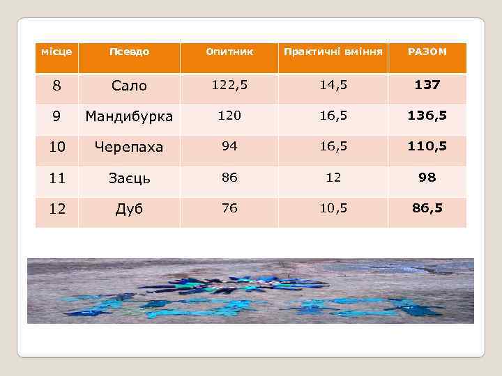 місце Псевдо Опитник Практичні вміння РАЗОМ 8 Сало 122, 5 14, 5 137 9