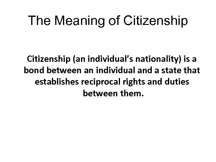 The Meaning of Citizenship (an individual’s nationality) is a bond between an individual and